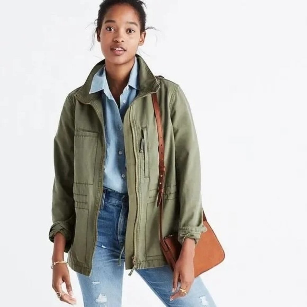 Madewell XS Army Green Denim FLEET Jacket Pockets Military Utility Gorpcore Comb